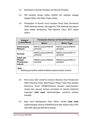 Garis Panduan KWAPM 4
5.2 Bersekolah di Sekolah Kerajaan dan Bantuan Kerajaan.
5.3 KIR berdaftar dengan Sistem eKASIH dan disahkan sebagai
kategori Miskin atau Miskin Tegar sahaja.
5.4 Pendapatan Isi Rumah murid mengikut Paras Garis Kemiskinan
(PGK) Nasional semasa. Sehingga kini, PGK Nasional yang diguna
pakai adalah berdasarkan PGK Nasional Tahun 2007 seperti
berikut:
Kategori
(Lokasi/Murid)
Pendapatan Bulanan Isi Rumah/Perkapita *
Miskin Miskin Tegar
Semenanjung
Malaysia
RM720 bulanan/RM180
perkapita
RM430 bulanan/RM100
perkapita
Sarawak
RM830 bulanan/RM190
perkapita
RM520 bulanan/RM115
perkapita
Sabah dan
Wilayah
Persekutuan
Labuan
RM960 bulanan/RM200
perkapita
RM540 bulanan/RM110
perkapita
Nota:
* Sebarang perubahan adalah tertakluk kepada pindaan semasa.
5.5 Murid yang telah menerima bantuan Biasiswa Kecil Persekutuan
(BKP)/ Biasiswa Sukan (BS)/Program Pelajar Projek Khas Sekolah
Berasrama Penuh (PKSBP)/biasiswa kerajaan negeri/yayasan/
swasta atau apa-apa bantuan persediaan ke sekolah berbentuk
kewangan tidak layak dipertimbangkan menerima bantuan
KWAPM.
5.6 Bagi murid Berkeperluan Khas (OKU), mereka tidak layak
dipertimbangkan bantuan KWAPM kerana telah dibayar Elaun OKU
oleh KPM sebanyak RM150.00 sebulan.
 