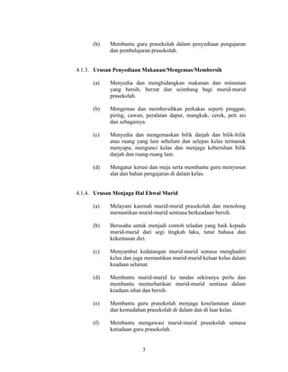 (h) Membantu guru prasekolah dalam penyediaan pengajaran
dan pembelajaran prasekolah.
4.1.3. Urusan Penyediaan Makanan/Mengemas/Membersih
(a) Menyedia dan menghidangkan makanan dan minuman
yang bersih, berzat dan seimbang bagi murid-murid
prasekolah.
(b) Mengemas dan membersihkan perkakas seperti pinggan,
piring, cawan, peralatan dapur, mangkuk, cerek, peti ais
dan sebagainya.
(c) Menyedia dan mengemaskan bilik darjah dan bilik-bilik
atau ruang yang lain sebelum dan selepas kelas termasuk
menyapu, mengunci kelas dan menjaga kebersihan bilik
darjah dan ruang-ruang lain.
(d) Mengatur kerusi dan meja serta membantu guru menyusun
alat dan bahan pengajaran di dalam kelas.
4.1.4. Urusan Menjaga Hal Ehwal Murid
(a) Melayani karenah murid-murid prasekolah dan menolong
memastikan murid-murid sentiasa berkeadaan bersih.
(b) Berusaha untuk menjadi contoh teladan yang baik kepada
murid-murid dari segi tingkah laku, tutur bahasa dan
kekemasan diri.
(c) Menyambut kedatangan murid-murid semasa menghadiri
kelas dan juga memastikan murid-murid keluar kelas dalam
keadaan selamat.
(d) Membantu murid-murid ke tandas sekiranya perlu dan
membantu memerhatikan murid-murid sentiasa dalam
keadaan sihat dan bersih.
(e) Membantu guru prasekolah menjaga keselamatan alatan
dan kemudahan prasekolah di dalam dan di luar kelas.
(f) Membantu mengawasi murid-murid prasekolah semasa
ketiadaan guru prasekolah.
3
 
