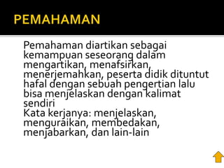 Pemahaman diartikan sebagai
kemampuan seseorang dalam
mengartikan, menafsirkan,
menerjemahkan, peserta didik dituntut
hafal dengan sebuah pengertian lalu
bisa menjelaskan dengan kalimat
sendiri
Kata kerjanya: menjelaskan,
menguraikan, membedakan,
menjabarkan, dan lain-lain
 