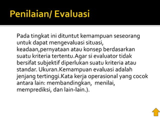 Pada tingkat ini dituntut kemampuan seseorang
untuk dapat mengevaluasi situasi,
keadaan,pernyataan atau konsep berdasarkan
suatu kriteria tertentu.Agar si evaluator tidak
bersifat subjektif diperlukan suatu kriteria atau
standar. Ukuran.Kemampuan evaluasi adalah
jenjang tertinggi.Kata kerja operasional yang cocok
antara lain: membandingkan, menilai,
memprediksi, dan lain-lain.).
 
