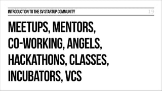 INTRODUCTION TO THE SV STARTUP COMMUNITY

MEETUPS, MENTORS,
CO-WORKING, ANGELS,
HACKATHONS, CLASSES,
INCUBATORS, VCS

19

 