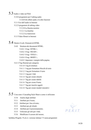 5.3 Audio e video sul Web
       5.3.0 I programmi per l’editing audio
               5.3.0.0 Gli effetti audio e le altre funzioni
       5.3.1 Uso dell’audio in Internet
       5.3.2 I programmi di editing video
               5.3.2.0 La finestra monitor
               5.3.2.1 La timeline
               5.3.2.2 Le transizioni
       5.3.3 Video filmati in Internet


5.4 Dentro il web. Elementi di HTML
       5.4.0   Struttura dei documenti HTML:
               5.4.0.1 Il tag <HTML>;
               5.4.0.2 Il tag <HEAD>;
               5.4.0.3 Il tag <TITLE>;
               5.4.0.4 Il tag <BODY>;
               5.4.0.5 Impostare i margini della pagina;
       5.4.1 I Tag illustrati per categoria
               5.4.1.0 I tag di struttura
               5.4.1.1 I tag per formattare blocchi di testo
               5.4.1.2 I tag per formattare il testo
               5.4.1.3 I tag per i link
               5.4.1.4 Tag per creare elenchi
               5.4.1.5 Tag per creare tabelle
               5.4.1.6 Tag per creare Frame
               5.4.1.7 Tag per inserire oggetti
               5.4.1.8 Tag per creare moduli interattivi


5.5 Cosa sono i Cascading Style Sheet e come si utilizzano
       5.5.0   Analisi degli attributi
       5.5.1   Attributi per il testo;
       5.5.2 Attributi per i box di testo;
       5.5.3   Attributi per gli sfondi;
       5.5.4   Attributi per il posizionamento;
       5.5.5   Utilizzare gli stili per i link;
       5.5.6   Modificare il cursore del mouse;
Syllabus Progetto P.e.k.i.t. versione italiana 7.5 senza programmi


                                                                     18/20
 