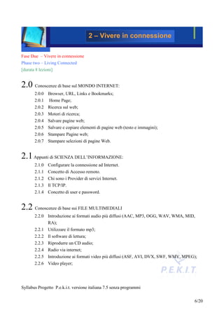 2 – Vivere in connessione

Fase Due – Vivere in connessione
Phase two – Living Connected
[durata 8 lezioni]


2.0 Conoscenze di base sul MONDO INTERNET:
       2.0.0 Browser, URL, Links e Bookmarks;
       2.0.1    Home Page;
       2.0.2 Ricerca sul web;
       2.0.3 Motori di ricerca;
       2.0.4 Salvare pagine web;
       2.0.5 Salvare e copiare elementi di pagine web (testo e immagini);
       2.0.6 Stampare Pagine web;
       2.0.7 Stampare selezioni di pagine Web.


2.1 Appunti di SCIENZA DELL’INFORMAZIONE:
       2.1.0 Configurare la connessione ad Internet.
       2.1.1 Concetto di Accesso remoto.
       2.1.2 Chi sono i Provider di servizi Internet.
       2.1.3 Il TCP/IP.
       2.1.4 Concetto di user e password.


2.2 Conoscenze di base sui FILE MULTIMEDIALI
       2.2.0 Introduzione ai formati audio più diffusi (AAC, MP3, OGG, WAV, WMA, MID,
               RA);
       2.2.1 Utilizzare il formato mp3;
       2.2.2 Il software di lettura;
       2.2.3 Riprodurre un CD audio;
       2.2.4 Radio via internet;
       2.2.5 Introduzione ai formati video più diffusi (ASF, AVI, DVX, SWF, WMV, MPEG);
       2.2.6 Video player;




Syllabus Progetto P.e.k.i.t. versione italiana 7.5 senza programmi


                                                                                     6/20
 