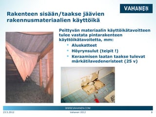 Rakenteen sisään/taakse jäävien
  rakennusmateriaalien käyttöikä
                  Peittyvän materiaalin käyttöikätavoitteen
                  tulee vastata pintarakenteen
                  käyttöikätavoitetta, mm:
                      ▪ Aluskatteet
                      ▪ Höyrynsulut (teipit !)
                      ▪ Keraamisen laatan taakse tulevat
                        märkätilavedeneristeet (25 v)




23.5.2012             Vahanen 2012                            8
 