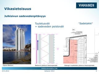 Vikasietoisuus

   Julkisivun sadevedenpitävyys


                       Tuuletusväli                                                    ”Sadetakki”
                       = sadeveden poistoväli




 Espoon Meritorni      Meritornin julkisivun toteutusperiaate   Helsingin musiikkitalon julkisivun toteutusperiaate



23.5.2012                             Vahanen 2012                                                                    9
 
