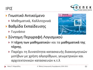 ΙΡΙΣ
 Γνωστικό Αντικείμενο
 Μαθηματικά, Καλλιτεχνικά
 Βαθμίδα Εκπαίδευσης
 Γυμνάσιο
 Σύντομη Περιγραφή Λογισμικού
 Η τέχνη των μαθηματικών και τα μαθηματικά της
τέχνης.
 Παρέχει τη δυνατότητα κατασκευής διακοσμητικών
μοτίβων με χρήση αλγορίθμων, γεωμετρικών και
αρχιτεκτονικών κατασκευών κ.τ.λ
Νίκος Π. Μιχαηλίδης Α΄ Φάσης Εισαγωγικής Επιμόρφωσης 2010-2011 53
 