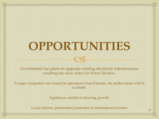 
OPPORTUNITIES
Government has plans to upgrade existing electricity infrastructure
resulting into more orders for Power Division.
A major competitor has closed its operations from Pakistan. Its market share will be
available.
Appliances market is showing growth.
Local industry preferential protection in international tenders
20
 