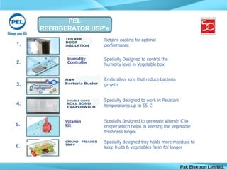 PEL
REFRIGERATOR USP’s
1.
Retains cooling for optimal
performance
2.
Specially Designed to control the
humidity level in Vegetable box
3.
Emits silver ions that reduce bacteria
growth
Specially designed to work in Pakistani
temperatures up to 55 C
5.
6.
Specially designed to generate Vitamin C in
crisper which helps in keeping the vegetable
freshness longer.
Specially designed tray holds more moisture to
keep fruits & vegetables fresh for longer
4.
Pak Elektron Limited.
 