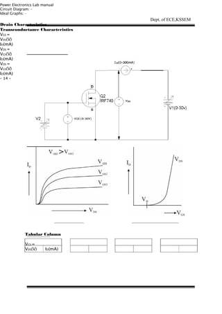 Power Electronics Lab manual
Circuit Diagram: -
Ideal Graphs: -
Drain Characteristics
Transconductance Characteristics
VGS =
VDS(V)
ID(mA)
VDS =
VGS(V)
ID(mA)
VDS =
VGS(V)
ID(mA)
- 14 -
Dept. of ECE,KSSEM
Tabular Column
VGS =
VDS(V) ID(mA)
 