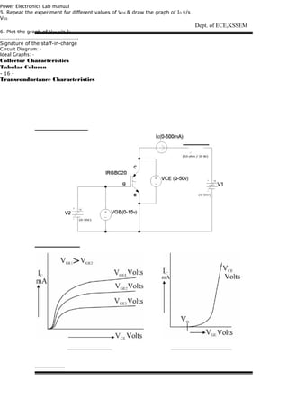 Power Electronics Lab manual
5. Repeat the experiment for different values of VDS & draw the graph of ID v/s
VGS
6. Plot the graph of VGS v/s ID
…………..……………………………………..
Signature of the staff-in-charge
Circuit Diagram: -
Ideal Graphs: -
Collector Characteristics
Tabular Column
- 16 -
Transconductance Characteristics
Dept. of ECE,KSSEM
 