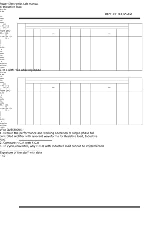 Power Electronics Lab manual
b) Inductive load:
00 – 900
Sl.No
VN
volts
VM
volts
⎛V ⎞
α = Sin −1 ⎜ n ⎟
⎜V ⎟⎝ m⎠
O
From CRO
900 – 1800
⎛V
α = 180 − Sin −1 ⎜ n
⎜V⎝ m
⎞
⎟
⎟
⎠
O
β=180 -
α
VN
volts
VM
volts
β=180 -
α
VO or VDC
or VLOAD
volts
C) R L with Free wheeling diode
00 – 900
Sl.No
VN
volts
VM
volts
⎛V ⎞
α = Sin −1 ⎜ n ⎟
⎜V ⎟⎝ m⎠
O
From CRO
β=180 -
α
VN
volts
VM
volts
900 – 1800
⎛V
α = 180 − Sin −1 ⎜ n
⎜V⎝ m
⎞
⎟
⎟
⎠
O
β=180 -
α
VO or VDC
or VLOAD
volts
VIVA QUESTIONS: -
1. Explain the performance and working operation of single-phase full
controlled rectifier with relevant waveforms for Resistive load, Inductive
load.
2. Compare H.C.R with F.C.R
3. In cyclo-converter, why H.C.R with Inductive load cannot be implemented
………………………………………………..
Signature of the staff with date
- 49 -
DEPT. OF ECE,KSSEM
 