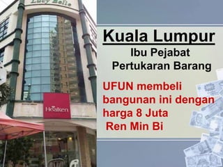 Kuala Lumpur
Ibu Pejabat
Pertukaran Barang
UFUN membeli
bangunan ini dengan
harga 8 Juta
Ren Min Bi
 