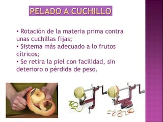 • Rotación de la materia prima contra 
unas cuchillas fijas; 
• Sistema más adecuado a lo frutos 
cítricos; 
• Se retira la piel con facilidad, sin 
deterioro o pérdida de peso. 
 