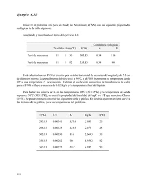110
Ejemplo 4.10
Resolver el problema 4.6 para un fluido no Newtoniano (FNN) con las siguiente propiedades
reológicas de la tabla siguiente:
Adaptando y recordando el texto del ejercicio 4.6:
Está calentándose un FNN al circular por un tubo horizontal de un metro de longitud y de 2.5 cm
de diámetro interno. La pared interna del tubo está a 90ºC, y el FNN incrementa su temperatura desde
20º a una temperatura T desconocida. Estimar el coeficiente convectivo de transferencia de calor
para el FNN si fluye a una rata de 0.02 Kg/s y la temperatura final del líquido.
Para hallar los valores de K en las temperaturas 20ºC (293.15ºK) y la temperatura de salida
supuesta, 30ºC (303.15ºK), se usará la propiedad de linealidad de logK vs 1/T que menciona Charm
(1971). Se puede entonces construir las siguientes tabla y gráfica. En la tabla aparecen en letra cursiva
las lecturas de la gráfica, para las temperaturas del problema.
T(ºK) 1/T K log K t(ºC)
293.15 0.00341 121.6 2.085 20
298.15 0.00335 118.9 2.075 25
303.15 0.00330 116 2.0645 30
355.15 0.00282 90 1.9542 82
363.15 0.00275 88.1 1.945 90
Constantes reológicas .
% sólidos /temp(ºC) T(ºK) n K
Puré de manzanas 11 / 30 303.15 0.34 116
Puré de manzanas 11 / 82 355.15 0.34 90
Este documento se cre€ con la versi€n gratuita de EVALUACI•N de eXpert PDF. Esta marca de agua se eliminar‚ al
comprar la licencia de la versi€n completa de eXpert PDF. Visite www.avanquest.es para obtener m‚s informaci€n
 