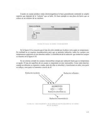 115
L e y e s d e l a r a d i a c i ó n
Cuando un cuerpo produce ondas electromagnéticas lo hace generalmente emitiendo un amplio
espectro que depende de lo "caliente" que se halle. Un buen ejemplo es una placa de hierro que se
coloca en un extremo de un mechero.
FIGURA 4.8 PLACA DE HIERRO INCANDESCENTE
En la figura 4.8 se muestra que el tipo de color emitido por la placa varía según su temperatura.
En realidad no se requiere incandescencia para que se presente radiación; todos los cuerpos con
temperaturas superiores al cero absoluto radian. La distribución de la radiación que emiten los cuerpos
se muestra en la figura 4.10.
En un sistema cerrado los cuerpos intercambian energía por radiación hasta que su temperatura
se iguale. El tipo de superficie de un cuerpo es importante en este intercambio. Como todo material,
cuando un alimento es expuesto a ondas, parte de ellas se absorben y transforman en calor, otra parte
se refleja y otra parte se transmite a través de él:
FIGURA 4.9 DESDOBLAMIENTO DE LA ENERGÍA ELECTROMAGNÉTICA INCIDENTE
EN UN ALIMENTO
Radiación reflejada rRadiación incidente
Radiación transmitida (t)
Radiación absorbida (a)
ALIMENTO
Este documento se cre€ con la versi€n gratuita de EVALUACI•N de eXpert PDF. Esta marca de agua se eliminar‚ al
comprar la licencia de la versi€n completa de eXpert PDF. Visite www.avanquest.es para obtener m‚s informaci€n
 