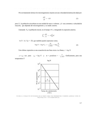147
6 . 5 V E L O C I D A D D E E X T E R M I N I O T É R M I C O D E L O S M I C R O O R G A N I S M O S
Por un tratamiento térmico los microorganismos muerencon una velocidad de destrucción dada por:
dN
dt
kN  (1)
para N , la población microbiana en una unidad de masa o volumen, y k una constante o velocidad de
reacción, que depende del microorganismo y su medio externo.
Llamando N0 la población inicial, en el tiempo t=0 , e integrando la expresión anterior,
dN
N
k dt
N
N t
0 0   '
1n N - 1n N0 = - kt, que también puede expresarse como,
log log
.
logN N
kt N
N
   0
02 303 (2)
Esta última expresión es una ecuación de una línea recta si se llama y = log N:
mtyy  0 , para 0y = log N y m = pendiente = 
k
2 3 0 3.
. Gráficamente, para una
temperatura T:
log N
FIGURA 6.1 POBLACIÓN MICROBIANA EN EL TIEMPO PARA UNA TEMPERATURA T, TAMBIÉN LLAMADA CURVA DE
INACTIVACIÓN O DE SUPERVIVENCIA.
Este documento se cre€ con la versi€n gratuita de EVALUACI•N de eXpert PDF. Esta marca de agua se eliminar‚ al
comprar la licencia de la versi€n completa de eXpert PDF. Visite www.avanquest.es para obtener m‚s informaci€n
 