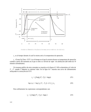162
FIGURA 6.5 TÉRMINOS UTILIZADOS POR BALL EN SU MÉTODO DE CÁLCULO.
tP
es el tiempo durante el cual la retorta está a la temperatura de operación.
tC
(Come Up Time - CUT -) es el tiempo en el que la retorta alcanza su temperatura de operación
contado a partir del momento en el que se abre su válvula de vapor de calefacción (del orden de 10
minutos normalmente).
Un resumen gráfico de estos conceptos se muestra en la figura 6.5 Allí se denomina g al valor de
T 1
-T cuando T adquiere su máximo valor. En la figra 6.6 muestra una curva de calentamiento
incluyendo la corrección de CUT.
tB
= fh
{log[jh
(T1
-T0
)] - log(g) (21)
log ( g ) = log [ jh
( T1
- T0
)] - (1/ fh )¡
) tB
(22)
Para enfriamiento las expresiones correspondientes son:
tB
= fh
{log[jc
(T’0
-TW
)] - log(g ) (23)
Temperatura(°F)
250
200
150
100
50
0
0.42 tc
10 20 30 40
tn
tc tp
T1
g
Temperatura
de retorta
Temperatura
de producto
Temperatura
de Ball
tB
tp
T0
Este documento se cre€ con la versi€n gratuita de EVALUACI•N de eXpert PDF. Esta marca de agua se eliminar‚ al
comprar la licencia de la versi€n completa de eXpert PDF. Visite www.avanquest.es para obtener m‚s informaci€n
 