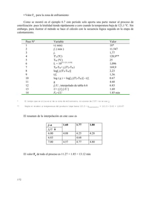172
• Valor F0
para la zona de enfriamiento:
Como se mostr• en el ejemplo 6.7 este per€odo solo aporta una parte menor al proceso de
esterilizaci•n pues la letalidad tiende r…pidamente a cero cuando la temperatura baja de 121,1 ‡C. Sin
embargo, para ilustrar el m‚todo se hace el c…lculo con la secuencia l•gica seguida en la etapa de
calentamiento.
* El tiempo que se utiliza es el de la zona de enfriamiento, sin ajustes de CUT ( no se usa tB
)
** Según el modelo la temperatura del producto llega hasta 121.5 - gCALENTAMIENTO
= 121.5 - 0.63 = 120.87
El resumen de la interpolaci•n en este caso es
El valor F0
de todo el proceso es 11.27 + 1.85 = 13.12 min
Paso N‡ Variable Valor
1 t ( min) 18*
2 fc ( min ) 11,547
3 jc 1,77
4 T'0 (‡C) 120,9**
5 TW (‡C) 25
6 L = 10[T1-121,1)/10]
1,096
7 TB-TW= jc(T'0-TW) 169,9
8 log[ jc(T'0-TW)] 2,23
9 t/fc 1,56
10 log ( g ) = log[ jc(T'0-TW)] - t/fc 0.67
11 g 4.68
12 fc/U , interpolado de tabla 6.6 6.83
13 U= fc/[ fc/U ] 1.69
14 F0=LU 1.85 min
j
fh/U 
1.60 1.77 1.80
6.00 4.08 4.25 4.28
6.83 4.68
7.00 4.57 4.77 4.80
Este documento se cre€ con la versi€n gratuita de EVALUACI•N de eXpert PDF. Esta marca de agua se eliminar‚ al
comprar la licencia de la versi€n completa de eXpert PDF. Visite www.avanquest.es para obtener m‚s informaci€n
 