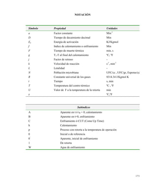 173
NOTACIÓN
Símbolo Propiedad Unidades
a Factor constante Min
-1
D Tiempo de decaimiento decimal Min
Ea Energía de activación KJ/Kgmol
f Indice de calentamiento o enfriamiento Min
F Tiempo de muerte térmica min, s
g T1-T al final del calentamiento ºC, ºF
j Factor de retraso -
k Velocidad de reacción s-1
, min-1
L Letalidad -
N Población microbiana UFC/cc , UFC/gr, Esporas/cc
R Constante universal de los gases 8314.34 J/Kgmol K
t Tiempo s, min
T Temperatura del centro térmico ºC , ºF
U Valor de F a la temperatura de la retorta min
z ºC,ºF
Subíndices
A Aparente en t ó tB = 0, calentamiento
B Aparente en t=0, enfriamiento
C Enfriamiento ó CUT (Come Up Time)
h Calentamiento
p Proceso con retorta a la temperatura de operación
0 Inicial o de referencia
0
'
Aparente, inicial de enfriamiento
1 De retorta
W Agua de enfriamiento
Este documento se cre€ con la versi€n gratuita de EVALUACI•N de eXpert PDF. Esta marca de agua se eliminar‚ al
comprar la licencia de la versi€n completa de eXpert PDF. Visite www.avanquest.es para obtener m‚s informaci€n
 