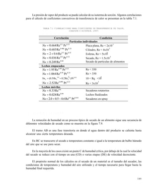 189
La presión de vapor del producto se puede calcular desu isoterma de sorción. Algunos correlaciones
para el cálculo de coeficientes convectivos de transferencia de calor se presentan en la tabla 7.1.
TABLA 7.1 CORRELACIONES PARA COEFICIENTES DE TRANSFERENCIA DE CALOR.
(CRAPISTE Y ROTSTEIN, 1997)
7 . 5 C Á L C U L O S D E S E C A D O
La remoción de humedad en un proceso típico de secado de un alimento sigue una secuencia de
diferentes velocidades de secado como se muestra en la figura 7.9.
El tramo AB es una fase transitoria en donde el agua dentro del producto se calienta hasta
alcanzar una cierta temperatura deseada.
En BC se transcurre el secado a temperatura constante e igual a la temperatura de bulbo húmedo
del aire que se use para secar.
En la mayoría de los casos existe un punto C de humedad crítica, por debajo de la cual la velocidad
del secado se reduce con el tiempo en una (CD) o varias etapas (DE) de velocidad decreciente.
El propósito normal de los cálculos en el secado de un material es el tamaño del secador, las
condiciones de temperatura y humedad del aire utilizado y el tiempo necesario para llegar hasta la
humedad final requerida.
Correlación Condición
Partículas individuales
33.05.0
PrRe664.0Nu Placa plana, Re < 2x10
5
33.0466.0
PrRe683.0Nu Cilindro, Re < 4x10
3
33.05.0
PrRe6.02 Nu Esferas, Re < 5x10
4
33.08.0
PrRe036.0Nu Secado, Re > 1.5x10
5
64.0
Re249.0Nu Secado de partículas de alimentos
Lechos empacados
33.049.0
PrRe95.1Nu Re < 350
33.059.0
PrRe064.1Nu Re > 350
33.03
25.0
Pr)Re2.0Re5.0(  Nu 10 < Re <10
4
33.0499.0
PrRe52.2Nu Re < 3x10
3
Lechos móviles
6.0
Re33.0Nu Secadores rotatorios
84.0
Re024.0Nu Lechos fluidizados
333.05.0
PrRe6.05.00.2 Nu Secadores en spray
Este documento se cre€ con la versi€n gratuita de EVALUACI•N de eXpert PDF. Esta marca de agua se eliminar‚ al
comprar la licencia de la versi€n completa de eXpert PDF. Visite www.avanquest.es para obtener m‚s informaci€n
 