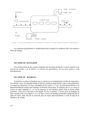 200
FIGURA 7.11 VISIÓN ESQUEMÁTICA DE UN SECADOR CONTINUO DE AIRE CALIENTE A PRESIÓN ATMOSFÉRICA
Los colectores generalmente se complementan para recuperar los productos finos con ciclones o
filtros de mangas.
7 . 7 . 2 S e c a d o r e s d i s c o n t i n u o s ( B a t c h )
SECADOR DE QUEMADOR
Son construcciones de dos cuerpos separados por una placa perforada. La parte superior es la
sección de secado y en la inferior se colocan los quemadores. Se usa para granos y café
principalmente.
SECADOR DE BANDEJAS
El producto se coloca en bandejas que se colocan en un compartimento aislado de exposición a
aire caliente y seco. El calentador puede ser directo o indirecto (Seperntines a vapor, intercambiadores
o resistencias eléctricas). Se usan velocidades de aire entre 2 y 5 m/s. Su principal problema es la
desuniformidad del secado entre bandejas en distintas ubicaciones. El alimento que se va a secar se
coloca en capas delgadas (1 a 6 cm de espesor) en una bandeja; puede estar en forma sólida
(continua o discreta), como puré o aún líquido. El aire se calienta y circula entre las bandejas en
flujo cruzado como en la figura 7.13, o en flujo a través de bandejas perforadas (perpendicular al
plano de ellas); parte del aire se recircula para un mejor aprovechamiento a costa de algo de la
eficiencia de secado.
Alimentación
Producto seco
Finos
Aire húmedo
Producto húmedo
Cámara de secado
Ventilador - calentador
Aire
Este documento se cre€ con la versi€n gratuita de EVALUACI•N de eXpert PDF. Esta marca de agua se eliminar‚ al
comprar la licencia de la versi€n completa de eXpert PDF. Visite www.avanquest.es para obtener m‚s informaci€n
 