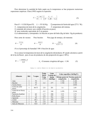 248
Para determinar la cantidad de hielo según sea la temperatura se han propuesto numerosas
expresiones empíricas. Chen (1985) sugiere la expresión:
  
















00
2
0
TTTT
TT
L
RT
M
S
G
i
i
(3)
Para R = 8.32KJ/KgmolºK; L = 335 KJ/Kg; T0 temperatura de fusión del agua (273.1 ºK).
Ti
, temperatura de inicio de la congelación; T, temperatura del sistema.
S, contenido del extracto seco soluble (Fracción en peso);
M peso molecular equivalente de S en gramos
G es adimensional y corresponde a la fracción en peso del hielo (Kg de hielo / Kg de producto).
Para carne de vacuno: Para bacalao Para jugo de naranja y de manzana
M
H

5 3 5 4.
M
H

4 0 4 9.
M
S


2 0 0
0 2 5.
(4)
H es el porcentaje de humedad /100 ó fracción de agua
Si se conoce la temperatura de inicio de la congelación del producto, M puede calcularse a partir
de la ley de Raoul, para el caso de productos de alta proporción de agua (>80%).
M
K S
T H
w
i

 1000
Kw =Constante criogénica del agua =1.86 (5)
TABLA 9.1 DATOS TÉRMICOS DE VARIOS ALIMENTOS
Calor específico ( KJ/KgºC)
Alimento Ref. % agua
Temp.
Inicio
Cong.
Ti
(ºC)
Calor
Latente de
fusión
(KJ/Kg)
Debajo punto de
congelación
Encima punto de
congelación
Atún 1 70 1.720 3.180
Bacalao 1 70 -2.2 277 1.720 3.180
Tocino fresco 1 57 2.010
Carne de cerdo
fresca
1 60-75 -2.0 201 1.6 2.85
Carne de res fresca,
grasa
1 -2.2 184 1.470 2.510
Salchicha frankfurt 1 60 -1.7 200 2.35 3.73
Pollo fresco 1 74 -2.8 247 1.55 3.31
Aguacate 1 94 -2.7 316 2.05 3.81
Limón 1 89.3 -2.2 295 1.93 3.85
Manzana 1 84 -2.0 281 1.85 3.6
Salsa de Manzana 2 82.8 -1.67
Este documento se cre€ con la versi€n gratuita de EVALUACI•N de eXpert PDF. Esta marca de agua se eliminar‚ al
comprar la licencia de la versi€n completa de eXpert PDF. Visite www.avanquest.es para obtener m‚s informaci€n
 