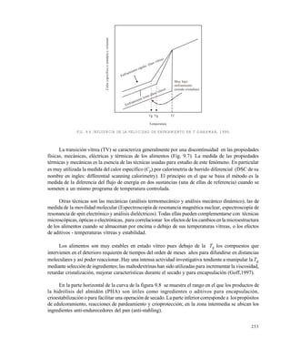 253
FIG. 9.6 INFLUENCIA DE LA VELOCIDAD DE ENFRIAMIENTO EN T G(RAHMAN, 1995)
La transición vítrea (TV) se caracteriza generalmente por una discontinuidad en las propiedades
físicas, mecánicas, eléctricas y térmicas de los alimentos (Fig. 9.7). La medida de las propiedades
térmicas y mecánicas es la esencia de las técnicas usadas para estudio de este fenómeno. En particular
es muy utilizada la medida del calor específico (Cp) por calorimetría de barrido diferencial (DSC de su
nombre en ingles: differential scanning calorimetry). El principio en el que se basa el método es la
medida de la diferencia del flujo de energía en dos sustancias (una de ellas de referencia) cuando se
someten a un mismo programa de temperatura controlada.
Otras técnicas son las mecánicas (análisis termomecánico y análisis mecánico dinámico), las de
medida de la movilidad molecular (Espectroscopía de resonancia magnética nuclear, espectroscopía de
resonancia de spin electrónico y análisis dieléctricos). Todas ellas pueden complementarse con técnicas
microscópicas, ópticas o electrónicas, para correlacionar los efectos de los cambios en la microestructura
de los alimentos cuando se almacenan por encima o debajo de sus temperaturas vítreas, o los efectos
de aditivos - temperaturas vítreas y estabilidad.
Los alimentos son muy estables en estado vítreo pues debajo de la Tg los compuestos que
intervienen en el deterioro requieren de tiempos del orden de meses años para difundirse en distancias
moleculares y así poder reaccionar. Hay una intensa actividad investigativa tendiente a manipular la Tg
mediante selección de ingredientes; las maltodextrinas han sido utilizadas para incrementar la viscosidad,
retardar cristalización, mejorar características durante el secado y para encapsulación (Goff,1997).
En la parte horizontal de la curva de la figura 9.8 se muestra el rango en el que los productos de
la hidrólisis del almidón (PHA) son útiles como ingredientes o aditivos para encapsulación,
crioestabilización o para facilitar una operación de secado. La parte inferior corresponde a los propósitos
de edulcoramiento, reacciones de pardeamiento y crioprotección; en la zona intermedia se ubican los
ingredientes anti-endurecedores del pan (anti-stahling).
Muy bajo
enfriamiento
(estado cristalino)
Temperatura
Tg Tg Tf
Calorespecíficooentalpíaovolumen
Enfriamiento lento (fase vítrea)
Enfriamiento rápido (fase vítrea)
Este documento se cre€ con la versi€n gratuita de EVALUACI•N de eXpert PDF. Esta marca de agua se eliminar‚ al
comprar la licencia de la versi€n completa de eXpert PDF. Visite www.avanquest.es para obtener m‚s informaci€n
 