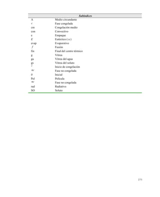 273
Subíndices
A Medio circundante
c Fase congelada
cm Congelación medio
con Convectivo
e Empaque
E Eutéctico ( a )
evap Evaporstivo
f Fusión
fin Final del centro térmico
g Vítrea
ga Vítrea del agua
gs Vítrea del soluto
i Inicio de congelación
nc Fase no congelada
0 Inicial
Pel Película
nc Fase no congelada
rad Radiativo
SO Soluto
Este documento se cre€ con la versi€n gratuita de EVALUACI•N de eXpert PDF. Esta marca de agua se eliminar‚ al
comprar la licencia de la versi€n completa de eXpert PDF. Visite www.avanquest.es para obtener m‚s informaci€n
 