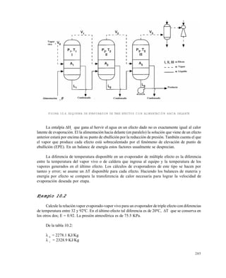 285
FIGURA 10.4. ESQUEMA DE EVAPORADOR DE TRES EFECTOS CON ALIMENTACIÓN HACIA DELANTE
La entalpía Hi
que gana al hervir el agua en un efecto dado no es exactamente igual al calor
latente de evaporación. El la alimentación hacia delante (en paralelo) la solución que viene de un efecto
anterior estará por encima de su punto de ebullición por la reducción de presión. También cuenta el que
el vapor que produce cada efecto está sobrecalentado por el fenómeno de elevación de punto de
ebullición (EPE). En un balance de energía estos factores usualmente se desprecian.
La diferencia de temperatura disponible en un evaporador de múltiple efecto es la diferencia
entre la temperatura del vapor vivo o de caldera que ingresa al equipo y la temperatura de los
vapores generados en el último efecto. Los cálculos de evaporadores de este tipo se hacen por
tanteo y error; se asume un T disponible para cada efecto. Haciendo los balances de materia y
energía por efecto se compara la transferencia de calor necesaria para lograr la velocidad de
evaporación deseada por etapa.
Ejemplo 10.2
Calcule la relación vapor evaporado-vapor vivo para un evaporador de triple efecto con diferencias
de temperatura entre 32 y 92ºC. En el último efecto tal diferencia es de 20ºC, T que se conserva en
los otros dos; E = 0.92. La presión atmosférica es de 75.5 KPa.
De la tabla 10.2:
 0
= 2278.1 KJ/Kg
 1
= 2328.9 KJ/Kg
Este documento se cre€ con la versi€n gratuita de EVALUACI•N de eXpert PDF. Esta marca de agua se eliminar‚ al
comprar la licencia de la versi€n completa de eXpert PDF. Visite www.avanquest.es para obtener m‚s informaci€n
 