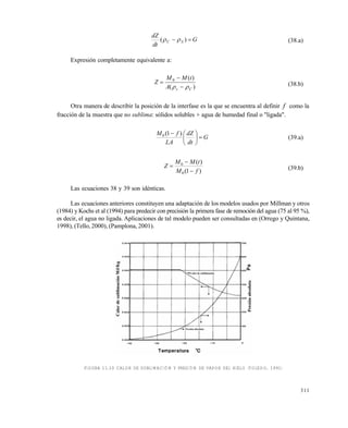 311
G
dt
dZ
SC  )(  (38.a)
Expresión completamente equivalente a:
)(
)(0
CsA
tMM
Z
 

 (38.b)
Otra manera de describir la posición de la interfase es la que se encuentra al definir f como la
fracción de la muestra que no sublima: sólidos solubles + agua de humedad final o "ligada".
G
dt
dZ
LA
fM





 )1(0
(39.a)
)1(
)(
0
0
fM
tMM
Z


 (39.b)
Las ecuaciones 38 y 39 son idénticas.
Las ecuaciones anteriores constituyen una adaptación de los modelos usados por Millman y otros
(1984) y Kochs et al (1994) para predecir con precisión la primera fase de remoción del agua (75 al 95 %),
es decir, el agua no ligada. Aplicaciones de tal modelo pueden ser consultadas en (Orrego y Quintana,
1998), (Tello, 2000), (Pamplona, 2001).
FIGURA 11.10 CALOR DE SUBLIMACIÓN Y PRESIÓN DE VAPOR DEL HIELO (TOLEDO, 1991)
Este documento se cre€ con la versi€n gratuita de EVALUACI•N de eXpert PDF. Esta marca de agua se eliminar‚ al
comprar la licencia de la versi€n completa de eXpert PDF. Visite www.avanquest.es para obtener m‚s informaci€n
 