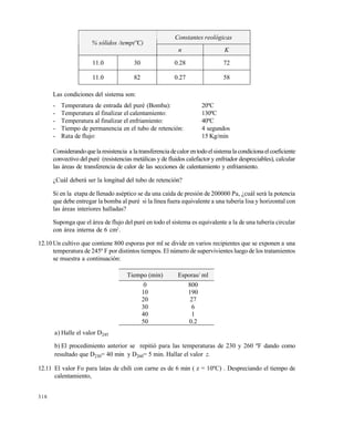 318
Las condiciones del sistema son:
- Temperatura de entrada del puré (Bomba): 20ºC
- Temperatura al finalizar el calentamiento: 130ºC
- Temperatura al finalizar el enfriamiento: 40ºC
- Tiempo de permanencia en el tubo de retención: 4 segundos
- Rata de flujo: 15 Kg/min
Considerandoquelaresistencia a latransferenciadecalor entodoelsistemalacondicionaelcoeficiente
convectivo del puré (resistencias metálicas y de fluidos calefactor y enfriador despreciables), calcular
las áreas de transferencia de calor de las secciones de calentamiento y enfriamiento.
¿Cuál deberá ser la longitud del tubo de retención?
Si en la etapa de llenado aséptico se da una caída de presión de 200000 Pa, ¿cuál será la potencia
que debe entregar la bomba al puré si la línea fuera equivalente a una tubería lisa y horizontal con
las áreas interiores halladas?
Suponga que el área de flujo del puré en todo el sistema es equivalente a la de una tubería circular
con área interna de 6 cm2
.
12.10Un cultivo que contiene 800 esporas por ml se divide en varios recipientes que se exponen a una
temperatura de 245º F por distintos tiempos. El número de supervivientes luego de los tratamientos
se muestra a continuación:
a) Halle el valor D245
b) El procedimiento anterior se repitió para las temperaturas de 230 y 260 ºF dando como
resultado que D230= 40 min y D260= 5 min. Hallar el valor z.
12.11 El valor Fo para latas de chili con carne es de 6 min ( z = 10ºC) . Despreciando el tiempo de
calentamiento,
Constantes reológicas
% sólidos /temp(ºC)
n K
11.0 30 0.28 72
11.0 82 0.27 58
Tiempo (min) Esporas/ ml
0 800
10 190
20 27
30 6
40 1
50 0.2
Este documento se cre€ con la versi€n gratuita de EVALUACI•N de eXpert PDF. Esta marca de agua se eliminar‚ al
comprar la licencia de la versi€n completa de eXpert PDF. Visite www.avanquest.es para obtener m‚s informaci€n
 