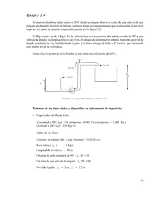 3 9
Ejemplo 2.4
Se necesita bombear leche entera a 20…C desde un tanque abierto a trav‡s de una tuberƒa de una
pulgada de di‚metro nominal de tuberƒa sanitaria hasta un segundo tanque que se encuentra en un nivel
superior, tal como se muestra esquem‚ticamente en la figura 2.6.
El flujo m‚sico es de 1 Kg/s. En la tuberƒa hay tres accesorios: dos codos standar de 90… y una
v‚lvula de ‚ngulo; su longitud total es de 30 m. El tanque de alimentaci€n inferior mantiene un nivel de
lƒquido constante de 3m, medido desde el piso y la lƒnea entrega la leche a 12 metros por encima de
este mismo nivel de referencia.
Especificar la potencia de la bomba si esta tiene una eficiencia del 60%.
FIGURA 2.6 ESQUEMA PARA EL EJEMPLO 2.4
Resumen de los datos dados y disponibles en información de ingeniería:
• Propiedades del fluido leche:
Viscosidad a 20…C () : 2.0 centipoises (0.001 Pa.s/centipoise) = 0.002 Pa.s
Densidad a 20…C (): 1030 Kg/ m
Datos de la línea:
Di‚metro de tuberƒa (D): 1 plg. Nominal = 0.02291 m
Rata m‚sica (m

) : 1 Kg/s
Longitud de la tuberƒa : 30 m
Fricci€n de codo standard de 90… : Le /D = 35
Fricci€n de una v‚lvula de ‚ngulo: Le /D= 100
Nivel de lƒquido: z1  3 m , z2  12 m
Nivel2
Nivel1
Z1
2Z2
Este documento se cre€ con la versi€n gratuita de EVALUACI•N de eXpert PDF. Esta marca de agua se eliminar‚ al
comprar la licencia de la versi€n completa de eXpert PDF. Visite www.avanquest.es para obtener m‚s informaci€n
 