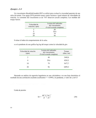 4 8
Ejemplo 2.6
Un viscosímetro Brookfield modelo RVF se utilizó para evaluar la viscosidad aparente de una
salsa de tomate. Una aguja (Nº4) permitió tomar cuatro lecturas a igual número de velocidades de
rotación. La constante del viscosímetro es de 7187 dinas/cm (escala completa). Las medidas del
torque fueron:
Evaluar el índice de comportamiento de la salsa.
n es la pendiente de una gráfica log log del torque contra la velocidad de giro
Haciendo un análisis de regresión logarítmica en una calculadora o en una hoja electrónica el
resultado da una correlación excelente (coeficiente r2
= 0.999) y la pendiente, o valor de n, de 0.3
2 . 6 . 3 E c u a c i o n e s p a r a f l u j o e n u n t u b o
Caída de presión:
p
K L
D
u
D
n







4 8'
'
(30)
Velocidad de
rotación ( rpm)
Lectura del indicador
del viscosímetro
(% de la escala completa)
2 48
4 59.6
10 79
20 96
Velocidad de rotación
(rpm)
Lectura del indicador
del viscosímetro
(% de la escala completa)
Torque
(dina. cm)
2 48 3449,8
4 59.6 4283,5
10 79 5677,7
20 96 6899,5
Este documento se cre€ con la versi€n gratuita de EVALUACI•N de eXpert PDF. Esta marca de agua se eliminar‚ al
comprar la licencia de la versi€n completa de eXpert PDF. Visite www.avanquest.es para obtener m‚s informaci€n
 