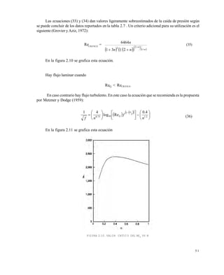 5 1
Las ecuaciones (33) y (34) dan valores ligeramente sobreestimados de la caída de presión según
se puede concluir de los datos reportados en la tabla 2.7 . Un criterio adicional para su utilización es el
siguiente (Grovier y Aziz, 1972):
ReCRITICO
=
    
 
 n
n
nn
n


 1
22
2131
6464
(35)
En la figura 2.10 se grafica esta ecuación.
Hay flujo laminar cuando
ReG < ReCRITICO
En caso contrario hay flujo turbulento. En este caso la ecuación que se recomienda es la propuesta
por Metzner y Dodge (1959):
    


















2.1
2
1
1075.0
4.0
Relog
41
n
f
nf
n
G (36)
En la figura 2.11 se grafica esta ecuación
FIGURA 2.10. VALOR CRÍTICO DEL REG
VS N
Este documento se cre€ con la versi€n gratuita de EVALUACI•N de eXpert PDF. Esta marca de agua se eliminar‚ al
comprar la licencia de la versi€n completa de eXpert PDF. Visite www.avanquest.es para obtener m‚s informaci€n
 