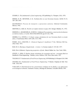 5 9
R E F E R E N C I A S B I B L I O G R Á F I C A S
CHARM, S. The fundamentals of food engineering. AVI publishing Co. Westport, USA, 1978.
DODGE, D. W., METZNER, A. B., Turbulent flow on non Newtonian Systems. AiChE J5 (7):
189 - 204. 1959.
GEANKOPLIS. Procesos de transporte y operaciones unitarias. Editorial Continental,
México, 1982.
GROVIER, G.; AZIZ, K. The flow of complex mixtures in pipes, R.E. Krieger, Malabar, Fl., 1972.
HODSON, E.;ARAMENDIS, R.; ZURITZ, C. (Editores) Procesamiento y conservación de alimentos
en América Latina y el caribe. OEA-COLCIENCIAS, pp 221-222, 1996.
OSORIO, F.A.; STEFFE, J. F. Kinetic energy calculations for non Newtonian fluids in circular
tubes, J. Food Science 49(5): 1295-1296, 1315. 1984.
PERRY, R.H.; CHILTON, C. Chemical Engineer's handbook, 5ª Ed.; McGraw Hill Inc.
sNew York. 1973.
RAO, M. A. Rheology of liquids foods - A review. J. of texture studies 8: 135-168. 1977.
RAO, Rizvi (Editores). Engineering propierties of foods. Marcel Dekker Inc. New York (1986).
STEFFE, J.; SING, P. Pipeline design calculations for newtonian and non - newtonian fluids en
Handbook of food engineering, Valentas y otros, Editores. CRC Press, Boca ratón, 1997
TOLEDO, R.T. Fundamentals of Food Process Engineering. AVI Publishing Co.Westport USA.1980
TOLEDO, R.T. Fundamentals of Food Process Engineering. 2ª Edición. Chapman & Hall. New
York. USA.1991
VAILLANT, F. Determinación de las características reológicas de los fluidos y sus aplicaciones
en tecnología de alimentos. Seminario Textura y Reología de alimentos. Univallle-CIRAD, 1995.
Este documento se cre€ con la versi€n gratuita de EVALUACI•N de eXpert PDF. Esta marca de agua se eliminar‚ al
comprar la licencia de la versi€n completa de eXpert PDF. Visite www.avanquest.es para obtener m‚s informaci€n
 