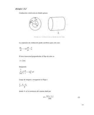 8 9
Ejemplo 4.2
Conducción a través de un cilindro grueso.
FIGURA 4.2. CONDUCCIÓN A TRAVÉS DE UN TUBO
La expresión de conducción puede escribirse para este caso

 q
dr
dT
kA
dt
dqr
El área transversal perpendicular al flujo de calor es
rLA 2
Integrando
 

2
1
2
12
T
T
r
r
dTk
r
dr
L
q

Luego de integrar y reorganizar se llega a
R
TT
q 21 


donde R es la resistencia del sistema dada por
kL
)r/rln(
R
2
12
 (2)
Este documento se cre€ con la versi€n gratuita de EVALUACI•N de eXpert PDF. Esta marca de agua se eliminar‚ al
comprar la licencia de la versi€n completa de eXpert PDF. Visite www.avanquest.es para obtener m‚s informaci€n
 