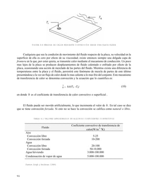 9 6
FIGURA 4.6 PÉRDIDA DE CALOR MEDIANTE CONVECCIÓN DESDE UNA PLACA PLANA
Cualquiera que sea la condición de movimiento del fluido respecto de la placa, su velocidad en la
superficie de ella es cero por efecto de su viscosidad; existe entonces siempre una delgada capa de
frontera en la que, por estar quieta, se transmite calor mediante el mecanismo de conducción. Un poco
mas lejos de la placa se producen desplazamientos de fluido calentado o enfriado por efecto de la
placa, ocasionando una acción de mezclado de las partes del fluido. Mientras exista una diferencia de
temperaturas entre la placa y el fluido, persistirá este fenómeno de mezcla de partes de este último
presentándose a la vez un flujo de calor desde lo mas caliente a lo mas frío del conjunto. Este mecanismo
de transferencia de calor se denomina convección y la ecuación que lo cuantifica es:


q hA(TA -Ts) (10)
en donde h es el coeficiente de transferencia de calor convectivo o superficial .
El fluido puede ser movido artificialmente, lo que incrementa el valor de h. En tal caso se dice
que se tiene convección forzada. Si esto no se hace la convección se califica como natural o libre.
TABLA 4.1 VALORES APROXIMADOS DE ALGUNOS COEFICIENTES CONVECTIVOS
Fuente: Singh y Heldman (1984)
Fluido
Coeficiente convectivo de transferencia de
calor(W/m
2
ºK)
Aire
Convección libre 5-25
Convección forzada 10-200
Agua
Convección libre 20-100
Convección forzada 50-10.000
Agua hirviendo 3.000-100.000
Condensación de vapor de agua 5.000-100.000
Este documento se cre€ con la versi€n gratuita de EVALUACI•N de eXpert PDF. Esta marca de agua se eliminar‚ al
comprar la licencia de la versi€n completa de eXpert PDF. Visite www.avanquest.es para obtener m‚s informaci€n
 