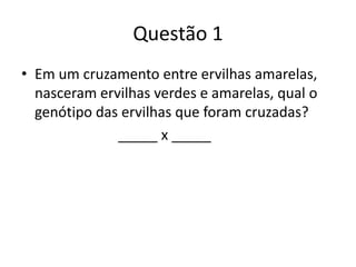 Questão 1Em um cruzamento entre ervilhas amarelas, nasceram ervilhas verdes e amarelas, qual o genótipo das ervilhas que foram cruzadas?                           _____ x _____