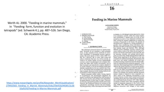Werth AJ. 2000. ”Feeding in marine mammals.”
In “Feeding: form, function and evolution in
tetrapods” (ed. Schwenk K.), pp. 487–526. San Diego,
CA: Academic Press.
https://www.researchgate.net/profile/Alexander_Werth/publication/
279433565_Feeding_in_Marine_Mammals/links/59e916c9458515c36
33a9193/Feeding-in-Marine-Mammals.pdf
 