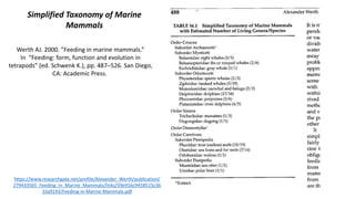 Simplified Taxonomy of Marine
Mammals
https://www.researchgate.net/profile/Alexander_Werth/publication/
279433565_Feeding_in_Marine_Mammals/links/59e916c9458515c36
33a9193/Feeding-in-Marine-Mammals.pdf
Werth AJ. 2000. ”Feeding in marine mammals.”
In “Feeding: form, function and evolution in
tetrapods” (ed. Schwenk K.), pp. 487–526. San Diego,
CA: Academic Press.
 