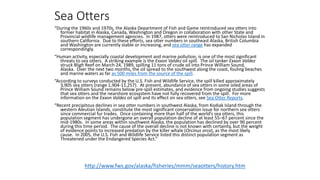 Sea Otters
“During the 1960s and 1970s, the Alaska Department of Fish and Game reintroduced sea otters into
former habitat in Alaska, Canada, Washington and Oregon in collaboration with other State and
Provincial wildlife management agencies. In 1987, otters were reintroduced to San Nicholas Island in
southern California. Due to these efforts, sea otter numbers in southeast Alaska, British Columbia
and Washington are currently stable or increasing, and sea otter range has expanded
correspondingly.
“Human activity, especially coastal development and marine pollution, is one of the most significant
threats to sea otters. A striking example is the Exxon Valdez oil spill. The oil tanker Exxon Valdez
struck Bligh Reef on March 24, 1989, spilling 11 tons of crude oil into Prince William Sound,
Alaska. Over the next two months, the oil spread to the southwest along the coast, fouling beaches
and marine waters as far as 500 miles from the source of the spill.
“According to surveys conducted by the U.S. Fish and Wildlife Service, the spill killed approximately
3,905 sea otters (range 1,904-11,257). At present, abundance of sea otters in some oiled areas of
Prince William Sound remains below pre-spill estimates, and evidence from ongoing studies suggests
that sea otters and the nearshore ecosystem have not fully recovered from the spill. For more
information on the Exxon Valdez oil spill and its effect on sea otters, see Sea Otter Reports.
“Recent precipitous declines in sea otter numbers in southwest Alaska, from Kodiak Island through the
western Aleutian Islands, constitute the most significant conservation issue for northern sea otters
since commercial fur trades. Once containing more than half of the world’s sea otters, this
population segment has undergone an overall population decline of at least 55–67 percent since the
mid-1980s. In some areas within southwest Alaska, the population has declined by over 90 percent
during this time period. The cause of the overall decline is not known with certainty, but the weight
of evidence points to increased predation by the killer whale (Orcinus orca), as the most likely
cause. In 2005, the U.S. Fish and Wildlife Service listed this distinct population segment as
Threatened under the Endangered Species Act.”
http://www.fws.gov/alaska/fisheries/mmm/seaotters/history.htm
 
