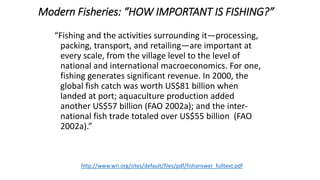 Modern Fisheries: “HOW IMPORTANT IS FISHING?”
“Fishing and the activities surrounding it—processing,
packing, transport, and retailing—are important at
every scale, from the village level to the level of
national and international macroeconomics. For one,
fishing generates significant revenue. In 2000, the
global fish catch was worth US$81 billion when
landed at port; aquaculture production added
another US$57 billion (FAO 2002a); and the inter-
national fish trade totaled over US$55 billion (FAO
2002a).”
http://www.wri.org/sites/default/files/pdf/fishanswer_fulltext.pdf
 