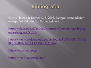 Curtis Helene & Barnes N. S. 2003. Biología. sexta edición
en español. Ed. Médica Panamericana.
http://plata.uda.cl/minas/apuntes/Geologia/geologiag
eneral/ggcap05c.htm
http://www.biologia.edu.ar/ecologia/FUNCIONAM%2
0DE%20UN%20ECOSISTEMA.htm

http://cms.iucn.org/
http://www.ecoportal.net/

 