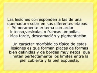 Las lesiones corresponden a las de una
quemadura solar en sus diferentes etapas:
 Primeramente eritema con ardor
  intenso,vesículas o francas ampollas.
 Mas tarde, descamación y pigmentación.

   Un carácter morfológico típico de estas
 lesiones es que forman placas de formas
bien definidas y de bordes muy netos que
 limitan perfectamente los limites entre la
      piel cubierta y la piel expuesta.
 