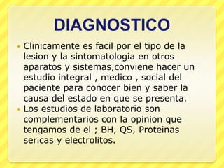 DIAGNOSTICO
 Clinicamente es facil por el tipo de la
  lesion y la sintomatologia en otros
  aparatos y sistemas,conviene hacer un
  estudio integral , medico , social del
  paciente para conocer bien y saber la
  causa del estado en que se presenta.
 Los estudios de laboratorio son
  complementarios con la opinion que
  tengamos de el ; BH, QS, Proteinas
  sericas y electrolitos.
 