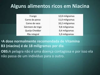 Alguns alimentos ricos em Niacina
Frango 12,8 miligramas
Carne de porco 11,0 miligramas
Carne de vaca 10,2 miligramas
Gérmem de trigo 9,8 miligramas
Queijo Cheddar 0,4 miligramas
Pão integral 5,9 miligramas
•A dose normalmente recomendada de Vitamina
B3 (niacina) é de 18 miligramas por dia.
OBS:A pelagra não é uma doença contagiosa e por isso ela
não passa de um indivíduo para o outro.
 