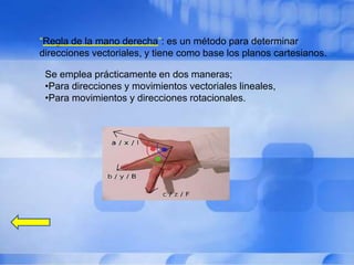 “Regla de la mano derecha”: es un método para determinar
direcciones vectoriales, y tiene como base los planos cartesianos.

 Se emplea prácticamente en dos maneras;
 •Para direcciones y movimientos vectoriales lineales,
 •Para movimientos y direcciones rotacionales.
 