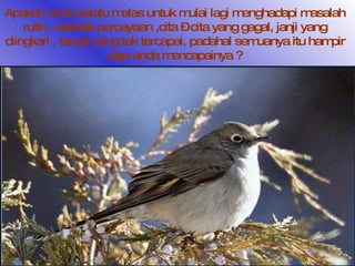 Apakah anda selalu malas untuk mulai lagi menghadapi masalah rutin , ketidak percayaan ,cita – cita yang gagal, janji yang diingkari , target yang tak tercapai, padahal semuanya itu hampir saja anda mencapainya ? 