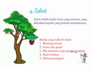 Zakat adalah kadar harta yang tertentu, yang
diberikan kepada yang berhak menerimanya.
Benda yang wajib di zakati
1. Binatang ternak
2. Emas dan perak
3. Biji makanan yang mengenyangkan
4. Buah-buahan
5. Harta perniagaan
 