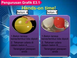 A
1.Belon terasa
keras/lembut bila dipicit
2. Tekanan udara di
dalam belon A_____
Terangkan jawapan
anda
1.Belon terasa
keras/lembut bila dipicit
2. Tekanan udara
dalam belon B______
Terangkan jawapan
anda
Belon A Belon B
 